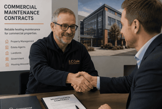 A man shakes hands with another, securing heating system maintenance Portsmouth as a contract.
