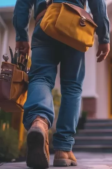 An engineer walks towards the front door of a house carrying a bag of tools.