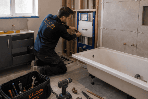 As a plumbing company in Portsmouth, E.C. Cole can install your bathroom plumbing to a high standard. Here, one of our engineers installs the plumbing to a new bathroom.