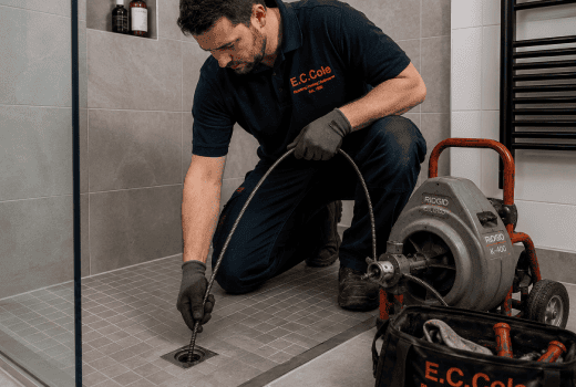 Emergency plumber Hampshire uses a rod to unblock a shower drain.