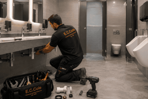 Commercial plumber services Portsmouth. An E.C. Cole engineer fixes a commercial washroom sink.
