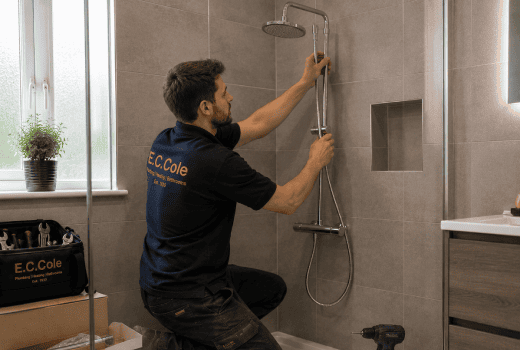 Plumbing contractors near me will install showers, as our E.C. Cole engineer does in this image.
