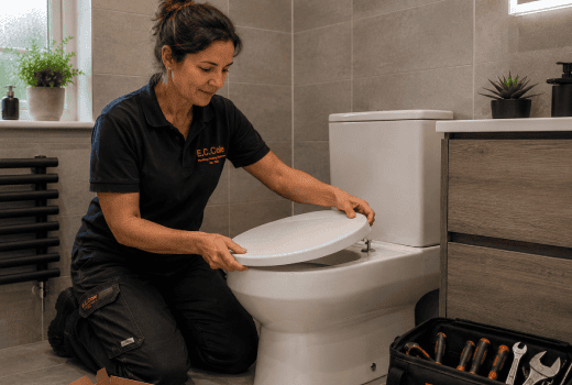 Plumbing contractors near me, services provided by E.C. Cole, include toilet installations, as in this image of one of our engineers.