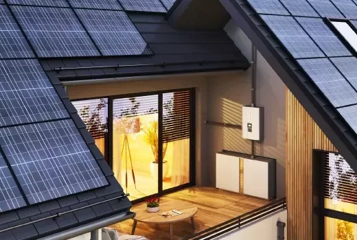 A solar panel installation company have positioned panels on the roof of a house with a balcony.
